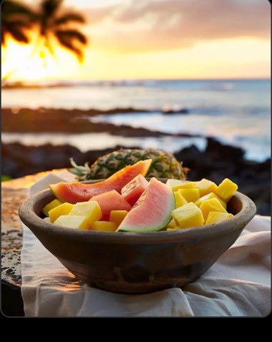 Tropical fruit bowl at sunset